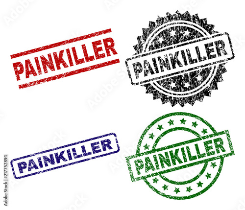 PAINKILLER seal imprints with corroded surface. Black, green,red,blue vector rubber prints of PAINKILLER label with dirty surface. Rubber seals with circle, rectangle, medallion shapes.