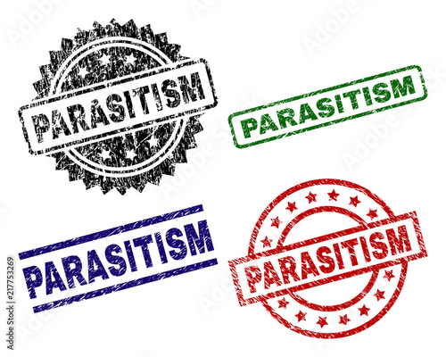 PARASITISM seal prints with corroded style. Black, green,red,blue vector rubber prints of PARASITISM text with corroded style. Rubber seals with circle, rectangle, rosette shapes.