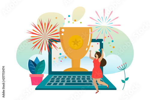 Successful woman celebrating success. Woman wins a prize. Award in the online contest from laptop. Vector