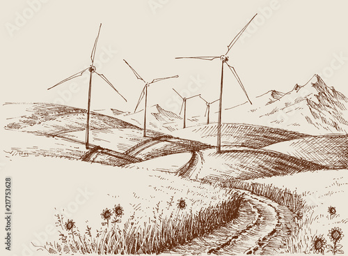 Windmills on hills landscape
