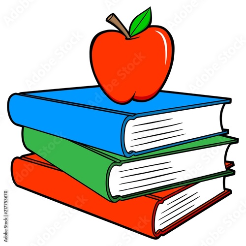 School Books with an Apple - A vector cartoon illustration of a few school books and an apple.