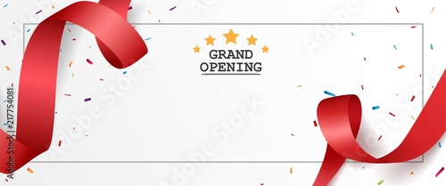 Grand opening card design with red ribbon and colorful confetti photo