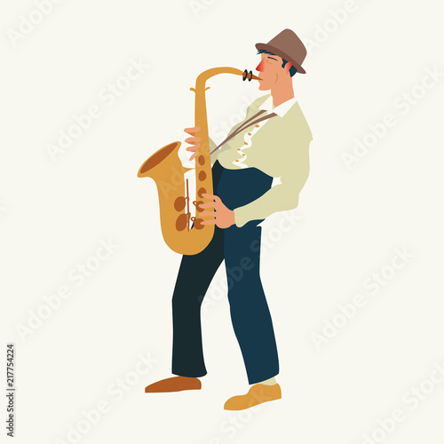 Saxophonist. Jazz or blues musician, the man plays a saxophone. Element for flyer, posters of festival jazz music, jazz band performances.