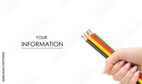 Colored pencils in hand pattern on a white background isolation