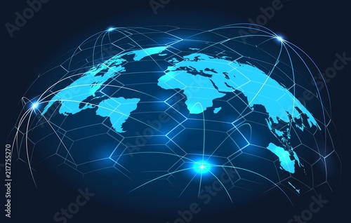 Global connection concept. Connections world map on blue background  international digital connected earth for business and technology  vector illustration