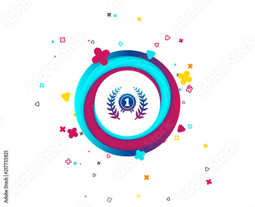 First place award sign icon. Prize for winner symbol. Laurel Wreath. Colorful button with icon. Geometric elements. Vector