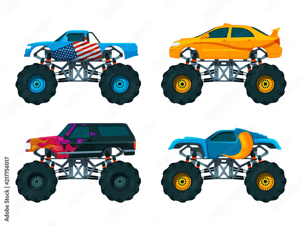 Set big monster truck cars. Vector pictures set