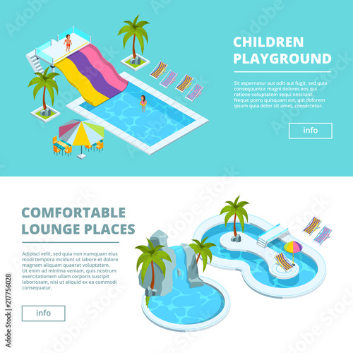Horizontal banners with isometric pictures of water park and kids playgrounds