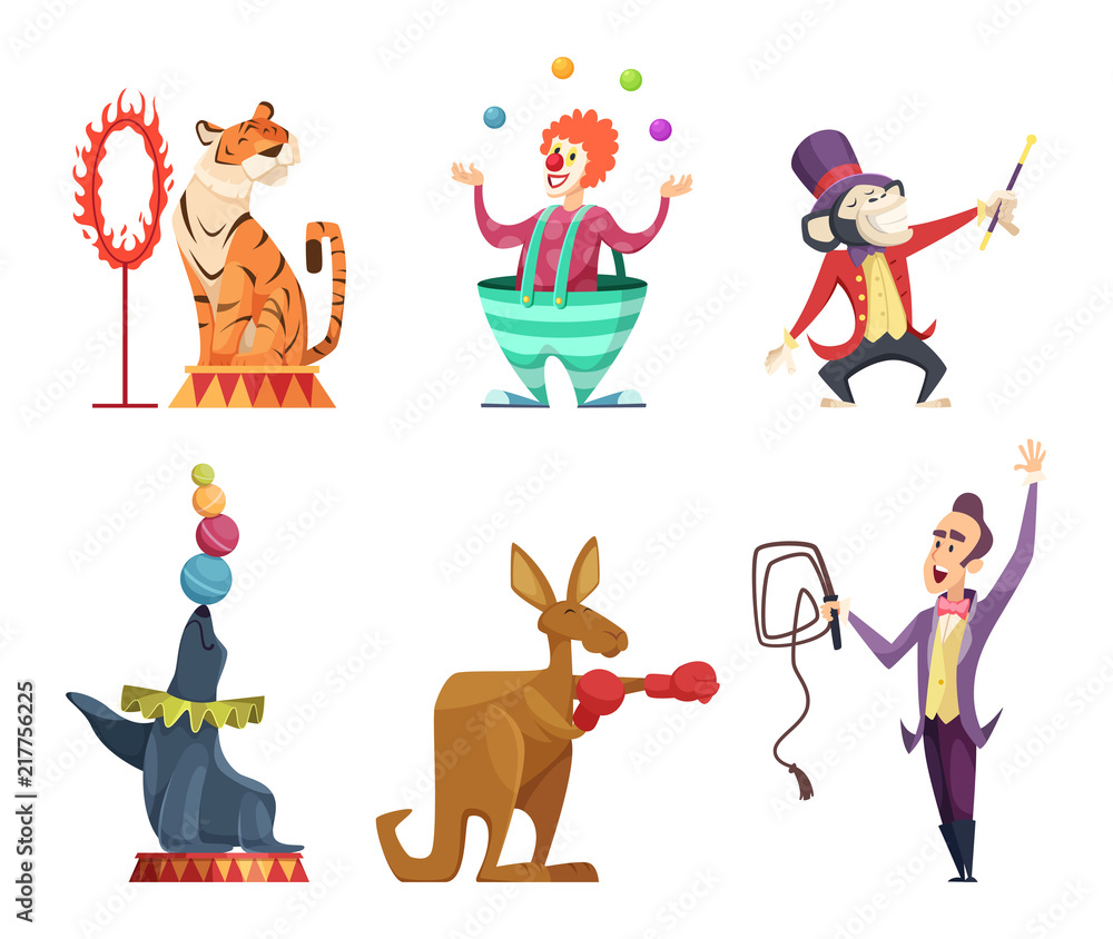 Circus cartoon characters. Vector mascots isolate on white
