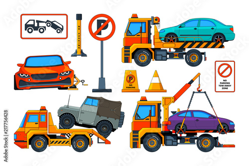 Evacuators on white. Cartoon pictures of evacuator cars