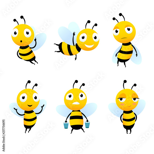 Various cartoon characters of bees with honey