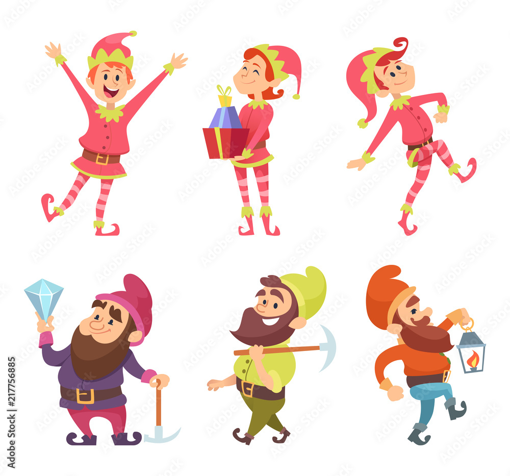 Dwarves and elves. Funny fairytale characters in dynamic poses Dwarves and elves. Funny fairytale characters in dynamic poses