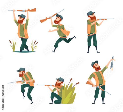 Characters of hunters. Vector cartoon illustrations of various hunter mascots