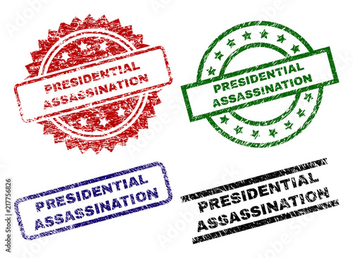 PRESIDENTIAL ASSASSINATION seal prints with damaged texture. Black, green,red,blue vector rubber prints of PRESIDENTIAL ASSASSINATION title with dust surface. Rubber seals with round, rectangle,