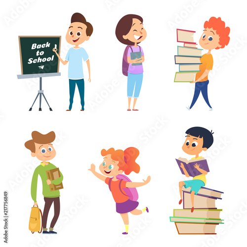 School characters. Male and female children go to school