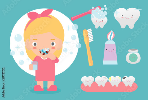 Cute girl brushing her teeth, child caring for teeth, kid brushing her teeth,funny teeth icon Vector Illustration