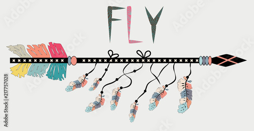 Magic symbolic art in boho style. Arrow, feather, moon, crystal, beads. Spirituality, alchemy, sacred geometry design element for invitation, tattoo