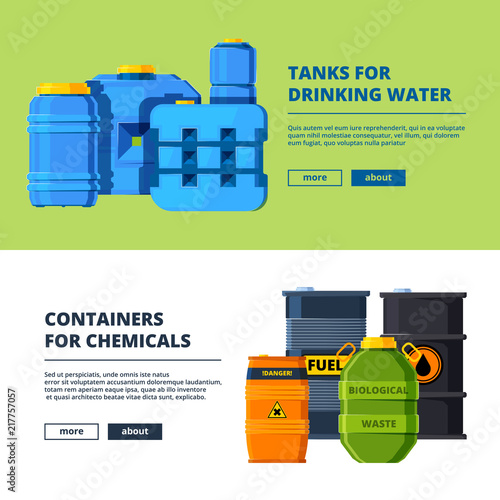 Banners with barrels. Various horizontal banners template with illustrations of different water and oil tanks