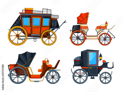 Carriage flat style. Illustrations set of various chariot