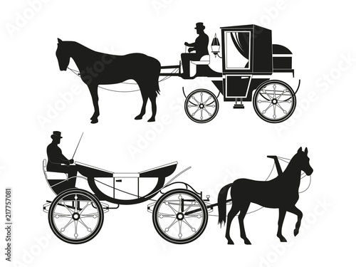 Vintage carriages with horses. Vector pictures of retro fairytale transport