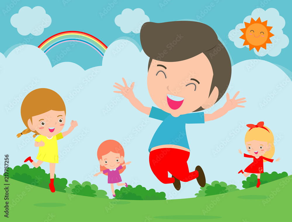 Kids jumping with joy, happy jumping kids, happy cartoon child playing  outside, Kids playing on background, Vector illustration Stock Vector |  Adobe Stock