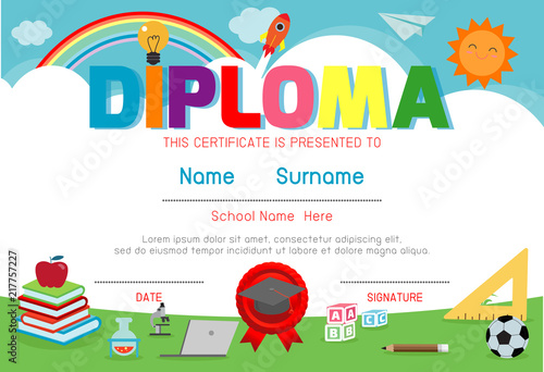 Certificates kindergarten and elementary, Preschool Kids Diploma certificate background design template, Diploma template for kindergarten students, Certificate of kids diploma, vector illustration