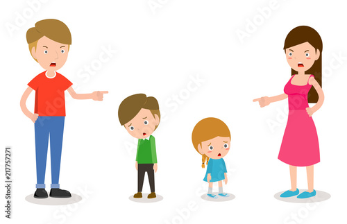 Scold children, father and mother scolding son and daughter, Parents angry and scold the kids isolated on white background Vector Illustration