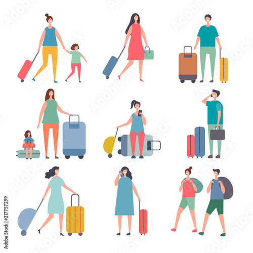 Summer travellers. Stylized characters of happy peoples goes to summer holidays