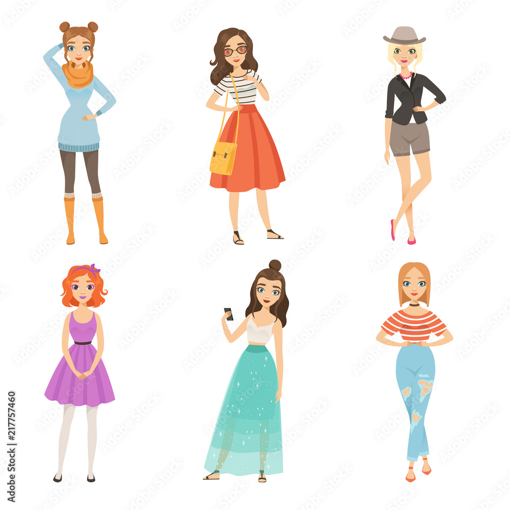 Fashionable girls. Cartoon female characters in various fashion poses