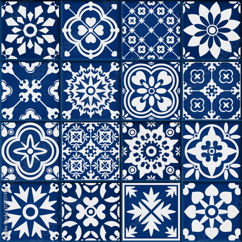 vector collection of white and blue bmosaic tiles in oriental style