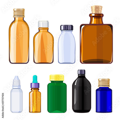 Bottles for drugs and pills. Medical bottles for liquid drugs