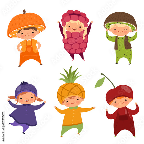 Children in fruit costumes. Vector pictures of various funny clothes for kids