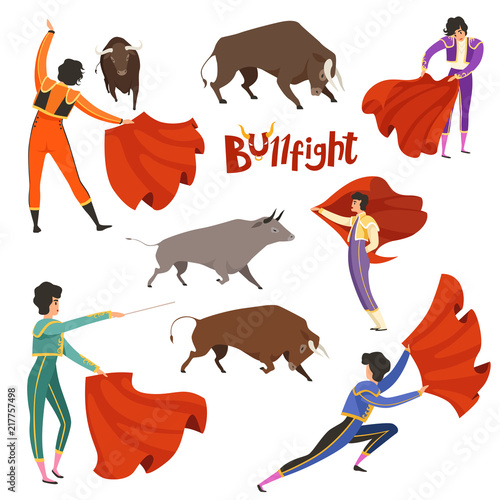 Bullfighting corrida. Vector illustration of matador and bull in various dynamic poses