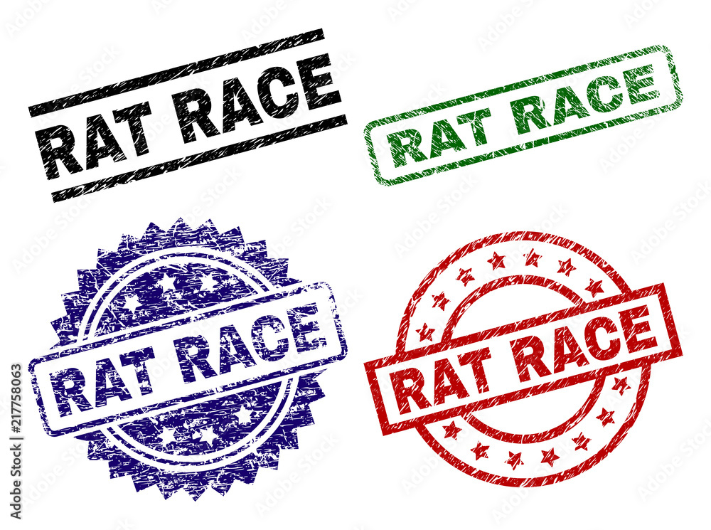 RAT RACE seal prints with damaged style. Black, green,red,blue vector rubber prints of RAT RACE title with grunge style. Rubber seals with round, rectangle, medal shapes. RAT RACE seal prints with damaged style. Black, green,red,blue vector rubber prints of RAT RACE title with grunge style. Rubber seals with round, rectangle, medal shapes.