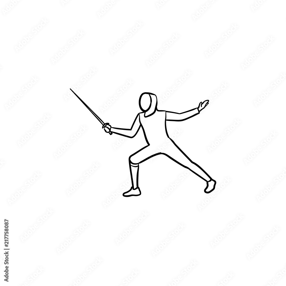 Man practicing fencing hand drawn outline doodle icon. Fencer attack