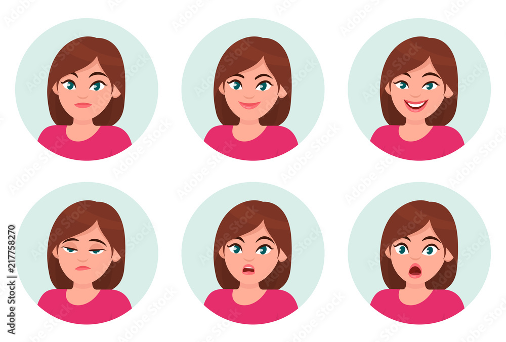 Set of girl/woman facial emotions. Different female emotions set. Woman emoji character with different expressions. Set of girl/woman facial emotions. Different female emotions set. Woman emoji character with different expressions.