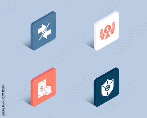 Set of Laureate award, Synchronize and Receive money icons. Ð¡opyright protection sign. Prize, Communication arrows, Cash payment. Shield.  3d isometric buttons. Flat design concept. Vector