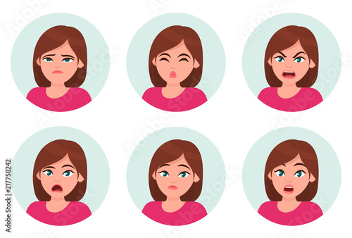 Set of girl/woman facial emotions. Different female emotions set. Woman emoji character with different expressions.