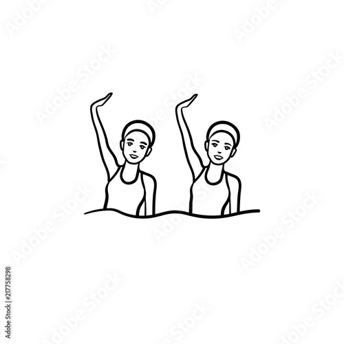 Paired performance synchronized swimming. Female synhronized swimmers, swim teamwork and coordination concept. Vector sketch illustration for print, web, mobile and infographics on white background.