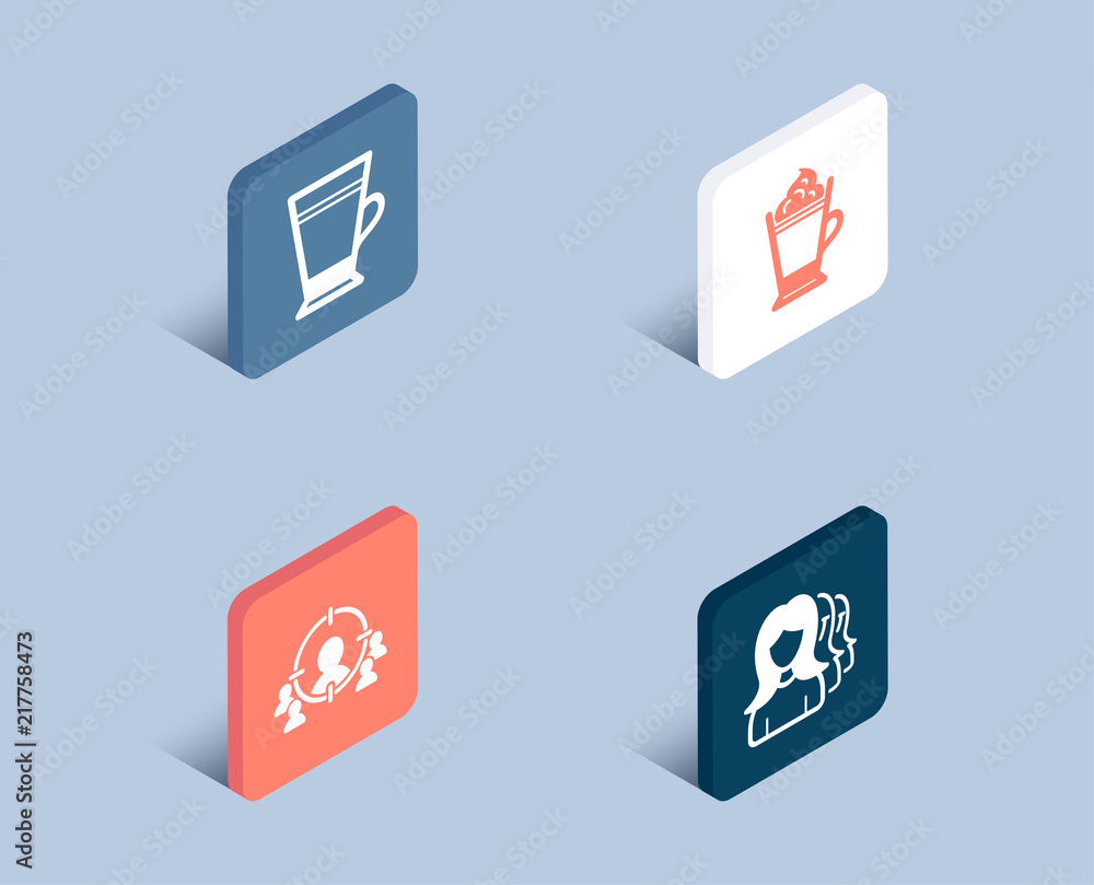 Set of Latte, Business targeting and Latte coffee icons. Women headhunting sign. Coffee beverage, People and target aim, Hot drink with whipped cream. Women teamwork. 3d isometric buttons. Vector Set of Latte, Business targeting and Latte coffee icons. Women headhunting sign. Coffee beverage, People and target aim, Hot drink with whipped cream. Women teamwork. 3d isometric buttons. Vector