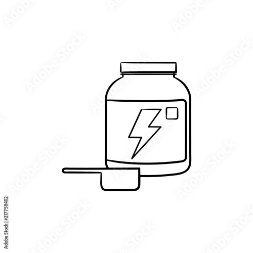 Sport nutrition container with label hand drawn outline doodle icon. Whey protein, nutritional diet concept. Vector sketch illustration for print, web, mobile and infographics on white background.