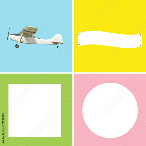 Pop color antique and vintage airplane white banner on sweet pink pastel color in pop pink yellow green blue pastel color frames, square circle triangle banners