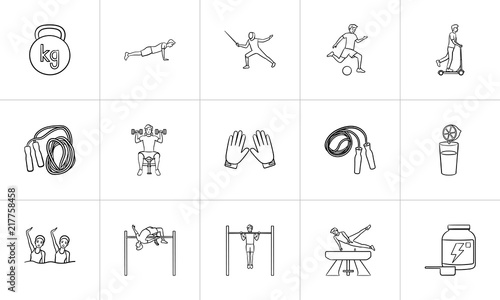 Sports and workout hand drawn outline doodle icon set. Outline doodle icon set for print, web, mobile and infographics. Gym, workout vector sketch illustration set isolated on white background.