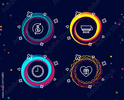 Set of Bombon coffee, Money exchange and Time icons. Romantic gift sign. Cafe bombon, Cash in bag, Office clock. Surprise with love. Circle banners with line icons. Gradient colors shapes. Vector
