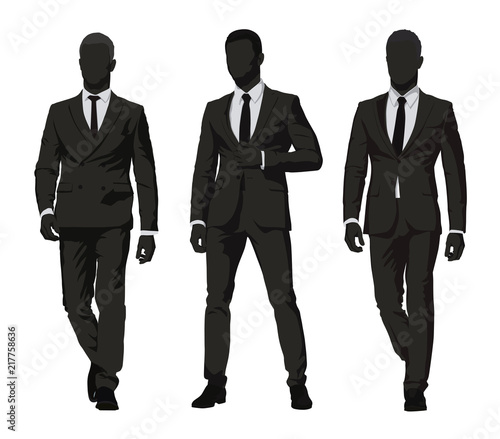 Business people. Three men in dark suits, isolated vector silhouettes. Group of abstract businessmen