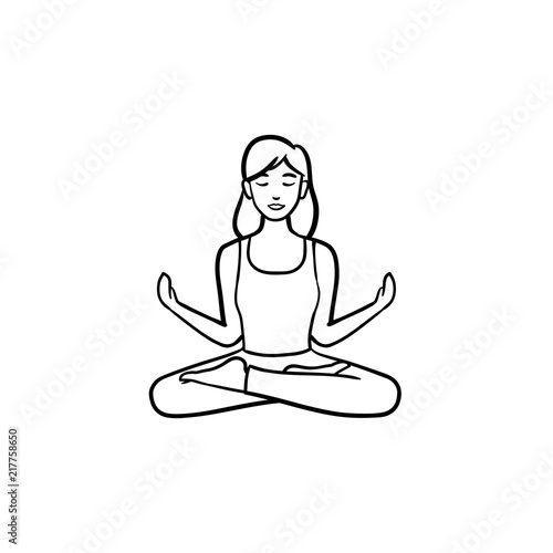 Woman sitting in yoga lotus pose hand drawn outline doodle icon. Yoga meditation  wellness  relaxation concept. Vector sketch illustration for print  web  mobile and infographics on white background.
