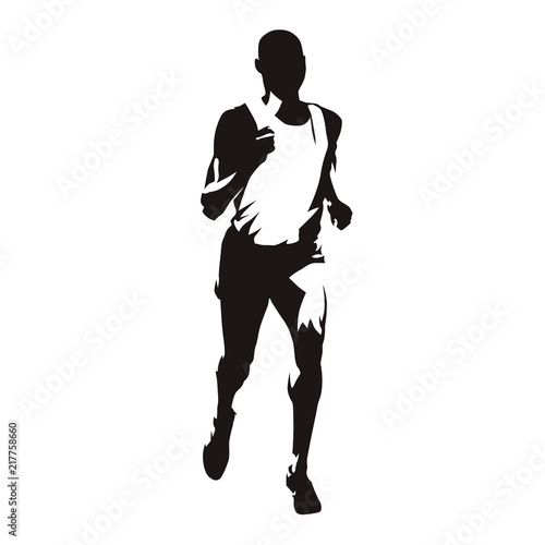 Marathon run, running man, abstract isolated vector silhouette, front view