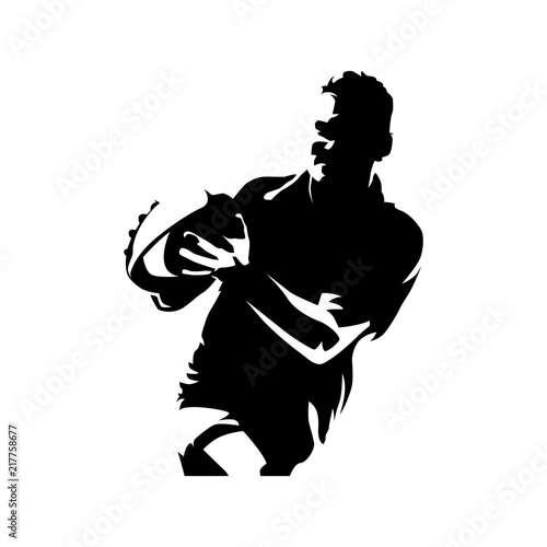 Rugby player with ball in hands, running athlete. Team sport silhouette. Isolated vector illustration