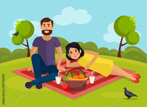 Love couple on a picnic in nature. Vector illustration. © artsquirrel