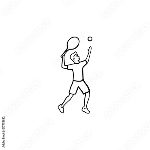 Man playing big tennis hand drawn outline doodle icon. Big tennis tournament, fitness and exercise concept. Vector sketch illustration for print, web, mobile and infographics on white background.